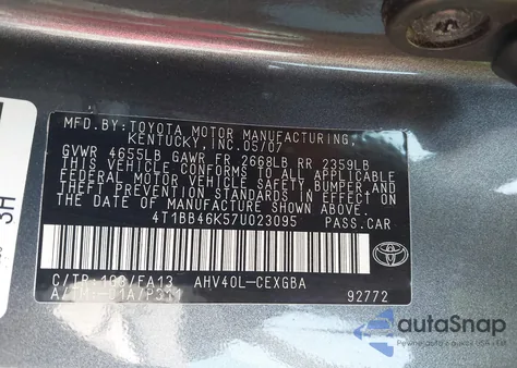 2007 Toyota Camry Hybrid z USA, uszkodzony, nr VIN 4T1BB46K57U023095